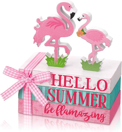 Geelin 4 Pcs Flamingo Wooden Book Stack Decor, Summer Faux Books for Home Table Centerpiece, Hello Summer Flamingos Tiered Tray Decorations Rustic Farmhouse Pink Flamingo Decor for Living Room Kitchen