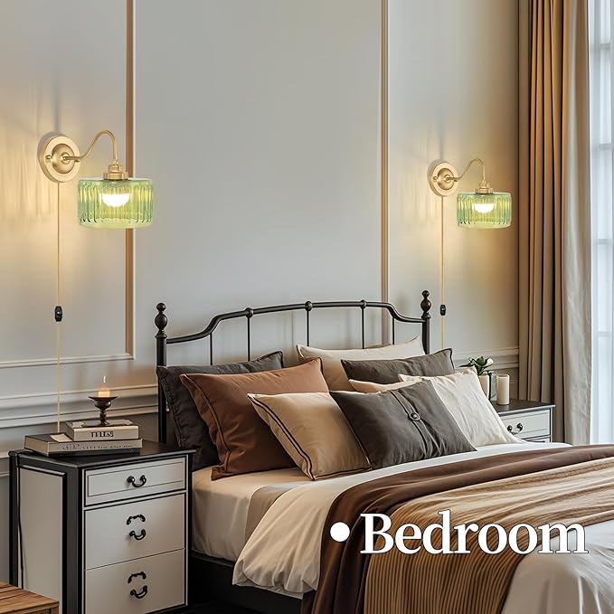 Vintage Plug in Wall Sconces Dimmable Wall Sconces of Two,Wall Lamps with Plug in Cord & Flower Glass Lampshade,Gold Sconces Wall Decor Set of 2 Plug in Wall Lights Sconces for Bedroom