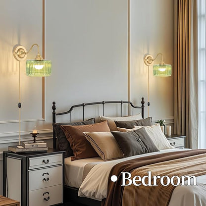 Vintage Plug in Wall Sconces Dimmable Wall Sconces of Two,Wall Lamps with Plug in Cord & Flower Glass Lampshade,Gold Sconces Wall Decor Set of 2 Plug in Wall Lights Sconces for Bedroom