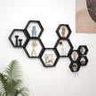 WONFUlity Hexagon Floating Shelves Honeycomb Wall Mounted Wood Farmhouse Storage for Bathroom, Kitchen, Bedroom, Living Room - Driftwood Finish Wall Decor, Black