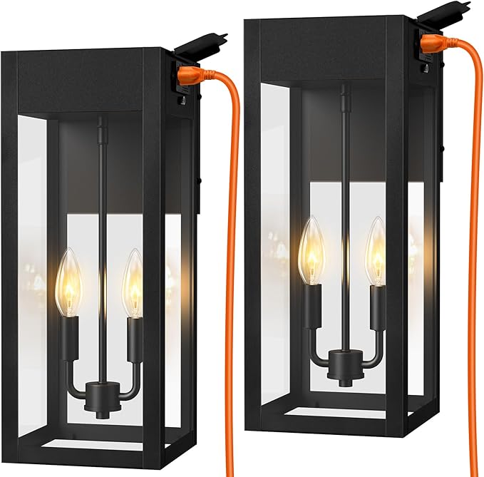 2-Pack 17.87" Extra Large Outdoor Wall Lights with GFCI Outlet, Black 2-Light Porch Lights Outdoor, Waterproof Exterior Lamp with E12 Sockets for House, Porch, Patio, Garage