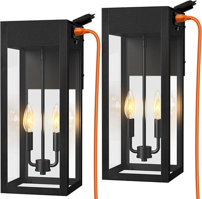 2-Pack 17.87" Extra Large Outdoor Wall Lights with GFCI Outlet, Black 2-Light Porch Lights Outdoor, Waterproof Exterior Lamp with E12 Sockets for House, Porch, Patio, Garage