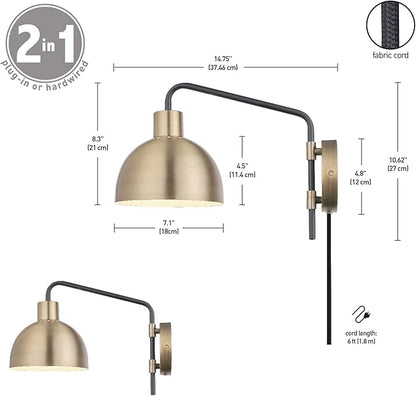 Globe Electric 51719 1-Light Plug-in or Hardwire Wall Sconce, Antique Brass, Matte Black Accent, Fabric Cord, in-Line On/Off Switch, Kitchen, Reading Light, Home Essentials, Bedroom, Bedside Lamp