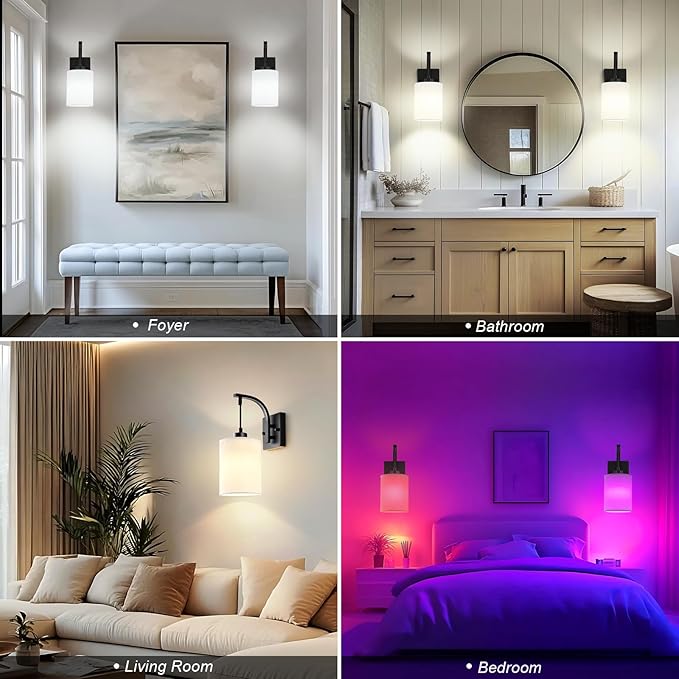 Battery Operated Wall Sconces Set of 2, Black Rechargeable Wall Sconces with Remote & Bulbs, Indoor Not Hardwired Wall Lights, 15 Colors Dimmable Cordless Wall Lamps for Living Room Bedroom Hallway