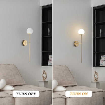 BOKT Mid Century Modern Long Wall Sconce Brushed Brass Bathroom Vanity Wall Sconce Lighting Small Gold Globe Wall Light White Glass Sphere Wall Lamp Antique Brass Wall Lighting