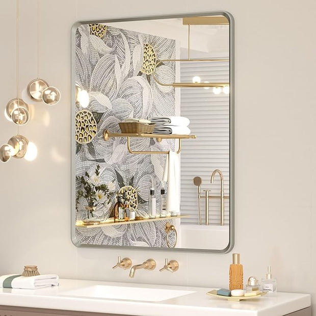 OKPAL Brushed Nickel Bathroom Mirror for Wall 28 x 36 in, Rectangular Metal Framed Silver Mirror for Vanity Beveled Round Corner Aluminum Alloy Rectangle Modern Mirror(Horizontal/Vertical)