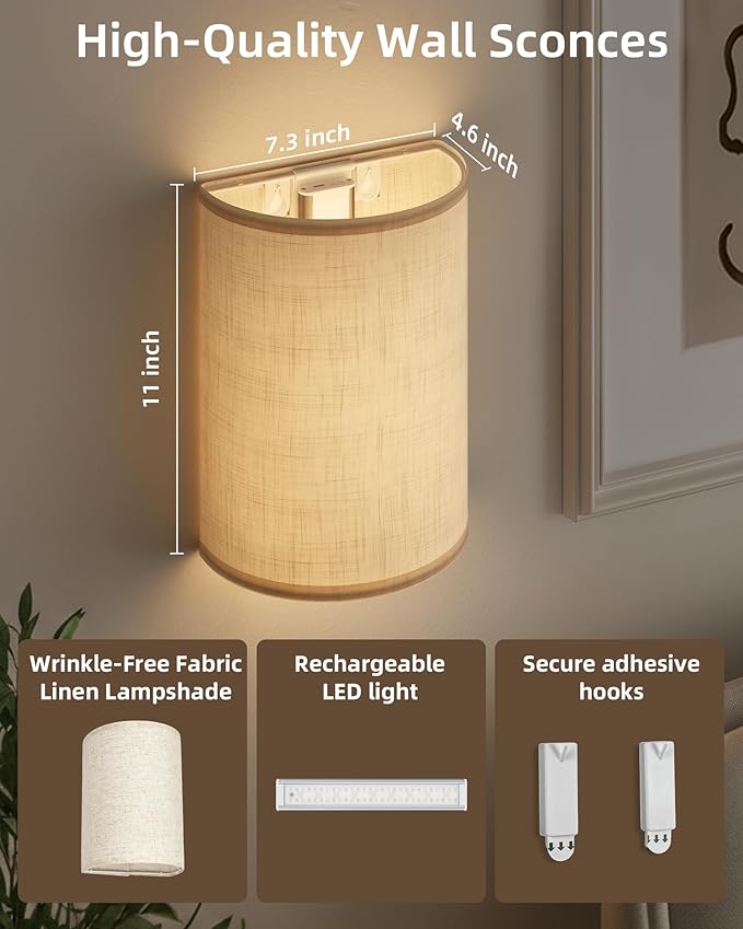 EZVALO Battery Operated Wall Sconce, Rechargeable Wall Sconces Set of Two with Remote, 3 Color & 80 RGB Wireless Wall Lights, Dimmable, Timer, Fabric Linen Shade Wall Decor for Bedroom, Living Room