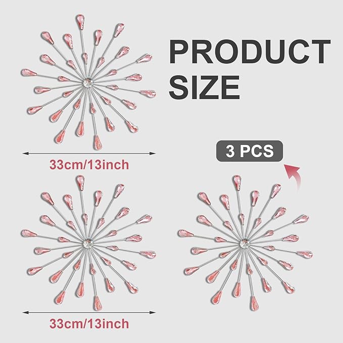 ZEXUIRU 3 Pack Silver Sunburst Wall Decor – Metal Crystal Wall Art with Sparkling Rhinestones, 14’’/18 Inch Starburst Wall Hanging Set for Living Room Bedroom Bathroom – Modern Bling Home Decorations