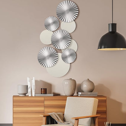 Hicarer 9 Pcs Silver Wall Decor Metal Home Decor Metal Wall Decorative Circle Plates Mirror Modern Round Accent Wall Art Sculpture Decor Hanging Decorations for Living Room Office Bedroom Kitchen