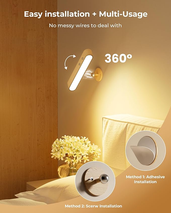 Rechargeable LED Wall Sconces Set of Two,Wall Lights for Bedroom with Remote Control and Touch,360° Magnetic Rotation,3 Colors Dimmable Brightness Wood Wall Lamps with 15 RGB Colors,2 Pack