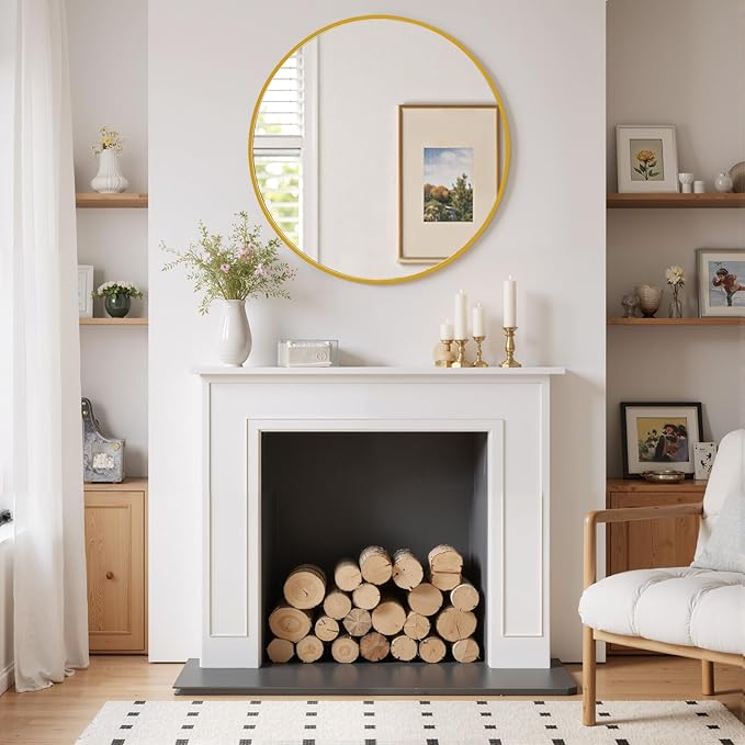 Round Wall Mirror 24 Inch Gold Vanity Mirror with Metal Frame, Modern Circle for Bathroom, Entryway, Bedroom, Living Room, Wall Mounted Decorative Mirrors
