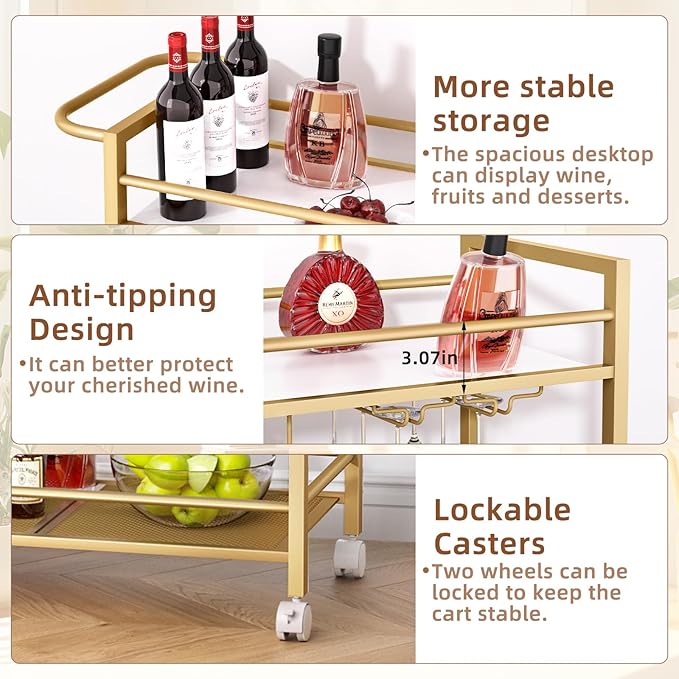 Bar Cart,Home Bar Serving Cart with Storage Shelves, 2 Tier Rolling Beverage Cart with Wheels, Modern Flowing Gold Wine Cart with Wine Rack and Glass Holder for Kitchen, Dinning Room,Living Room