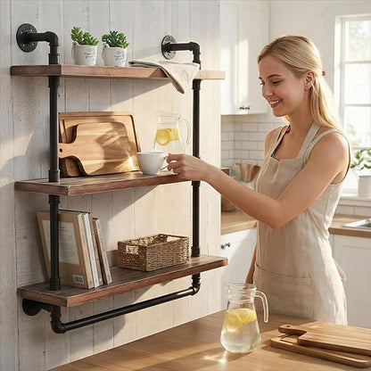 Industrial Wall Mounted Iron Floating Pipe Shelves/Shelving/Racks/Storage/Bookcases/Brackets, DIY Open Bookshelves/Shelving for Kitchen/Office, Retro Black (3-Tier Floating Shelves)