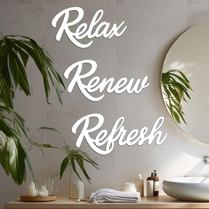 3 Pieces Bathroom Decor White Wooden Bath Room Sign Bathroom Wall Art Farmhouse Relax Renew Refresh Sign (White-large)