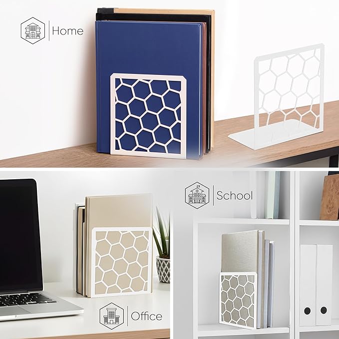 GEOMOD Geometric Honeycomb White Metal Bookends Decorative - Tall Sturdy Book Ends for Shelves - Modern Heavy Duty Bookend Stopper - Office or Home Book Shelf Book Holder - 6x3.25x6.25 Inches - 1 Pair