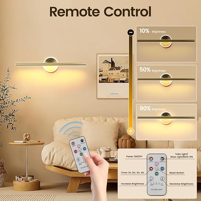 Wireless Picture Light, 16 inches Art Wall Light, Picture Light Battery Operated,Battery Operated Wall Lights,Gallery Light for Painting,Photo,Library(Plating Brass Gold)