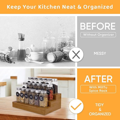 Bamboo Spice Rack Organizer for Cabinet 3 Tier Countertop Step Spice Shelf for Kitchen Storage and Organizer (Brown - 2 Pack)