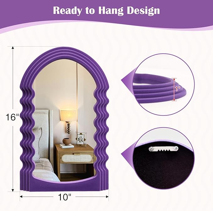 Wavy Mirror Wall Decor for Girly Nursery Bedroom, Small Decorative Irregular Mirrors for Modern Vintage Home Office Living Room Housewarming Birthday Gift, Unique Hanging Art Accent (Purple)