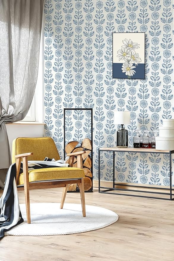 Wudnaye Blue Floral Peel and Stick Wallpaper Blue and White Contact Paper 17.7in×118in Vintage Floral Self Adhesive Wallpaper Navy Removable Tulip Wall Paper Waterproof for Bathroom Farmhouse Decor