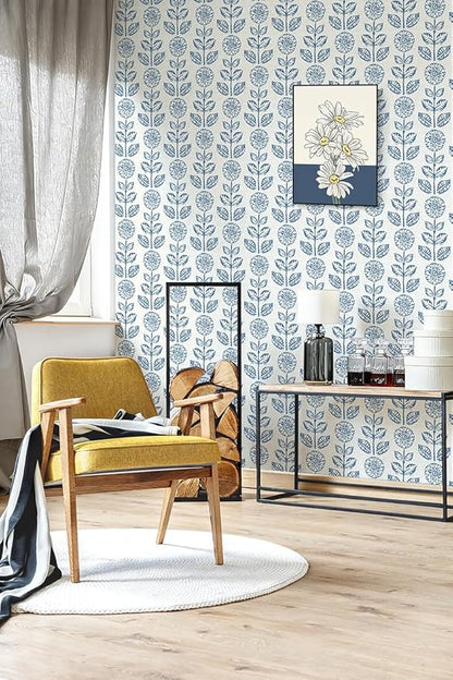 Wudnaye Blue Floral Peel and Stick Wallpaper Blue and White Contact Paper 17.7in×118in Vintage Floral Self Adhesive Wallpaper Navy Removable Tulip Wall Paper Waterproof for Bathroom Farmhouse Decor
