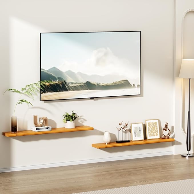Floating Shelves for Wall Rustic Farmhouse 48 Inch Floating Shelf Bathroom Wooden Shelves for Wall Mounted Live Edge Pine Shelf with Unique Natural Grain for Living Room Bedroom Kitchen (Honey Walnut)