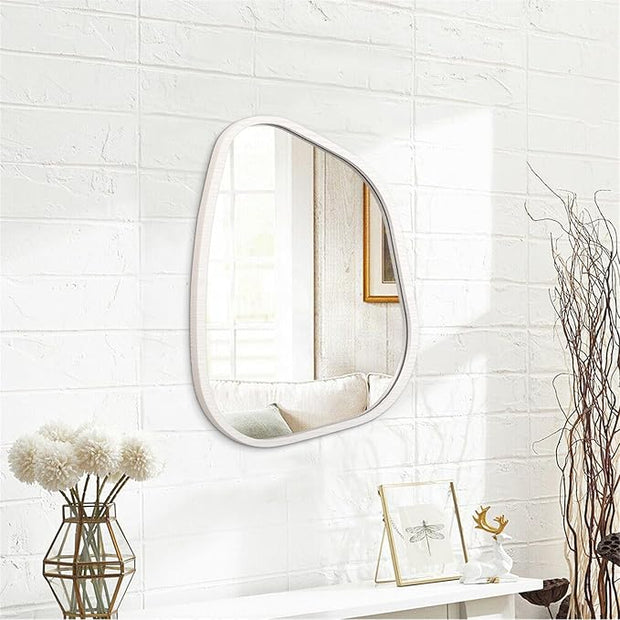 Asymmetrical Mirror Small 16"x12" Irregular Wall Mirror Modern Wood Frame Unique Shape Wall Mounted Vanity Artistic Mirror Decorative for Living Room Bedroom Bathroom Entryway Hallway