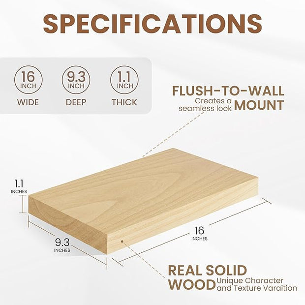 Fun Memories Deep Floating Shelves 16 Inch Long, Natural Wood Floating Shelf for Wall, Set of 2, Rustic 9 Inch Deep Wall Shelves, Deep Bathroom Shelves for Storage & Display, Burlywood
