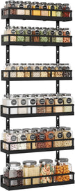 X-cosrack 6-Tier Wall-Mounted Spice Rack Organizer with Mixed Basket Sizes, Height-Adjustable Hanging Spice Shelf for Kitchen Pantry Cabinet, Large-Capacity Seasoning Holder, Black