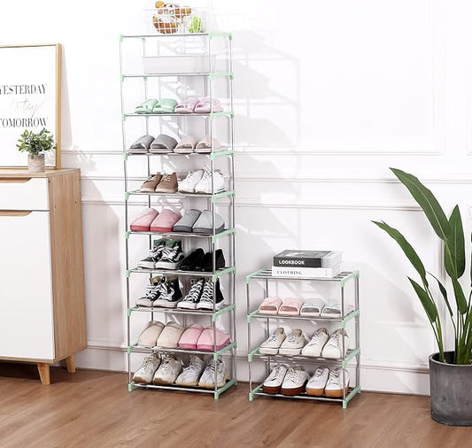 Stackable Small Shoe Rack, Entryway, Hallway and Closet Space Saving Storage and Organization (10-Tier, Green)