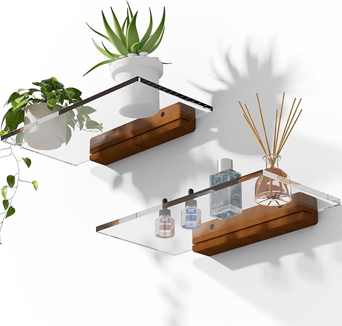 Acrylic Floating Shelves with Solid Wood Base, Wall Mounted Shelf for Plants, Perfume, Nail Polish, Bathroom, Bedroom & Living Room Décor