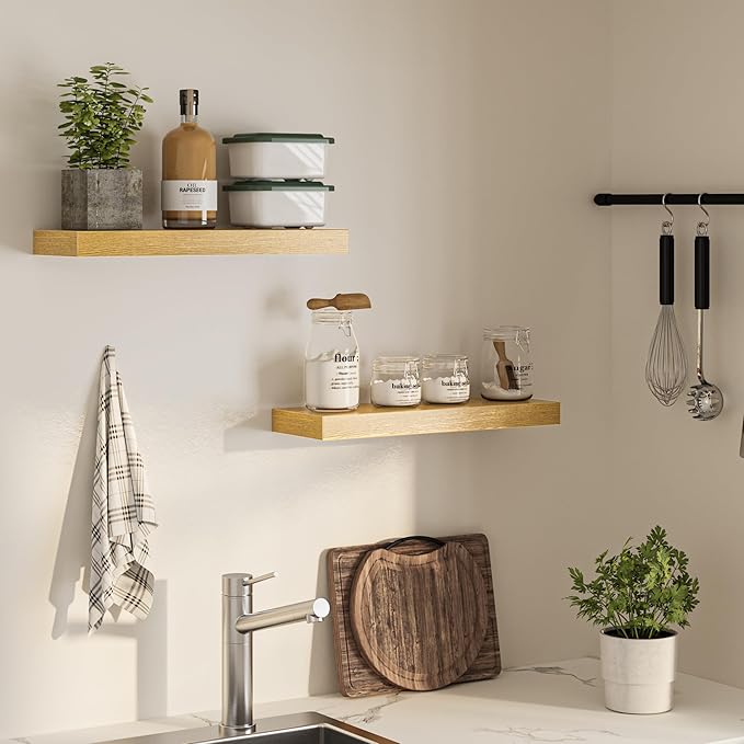 24 Inch Floating Shelves for Wall, Wooden Wall Mounted Display Shelves with Invisible Brackets for Living Room, Bedroom, Bathroom, Kitchen Decor and Storage, Set of 2, Oak