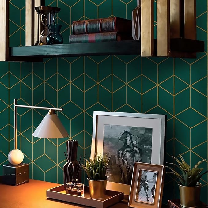 Safiyya Peel and Stick Wallpaper Gold and Dark Green Wall Paper Geometric Contact Paper Self Adhesive Removable Wallpaper for Walls Vinyl Roll 118