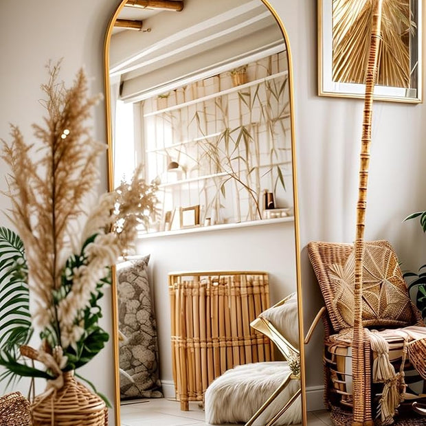 Antok 58" x19” Arched Full Length Floor Mirror, Gold Aluminum Frame, Free Standing/Wall Mount/Leaning for Bedroom, Living Room, Dressing Room