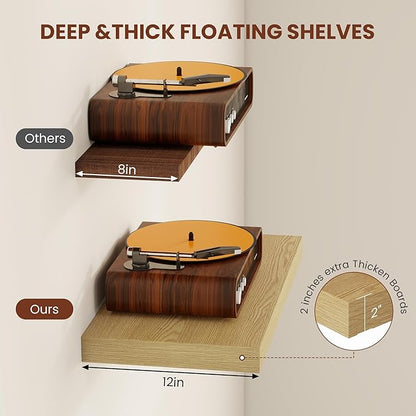 Vivelove 12 Inch Deep Floating Shelves 47.2 inch Long, 2 Inch Thick Wall Shelves with Invisible Brackets, Shelf for Bedroom Bathroom Living Room Kitchen Office Home Decor, Modern Shelf Set of 2, Oak