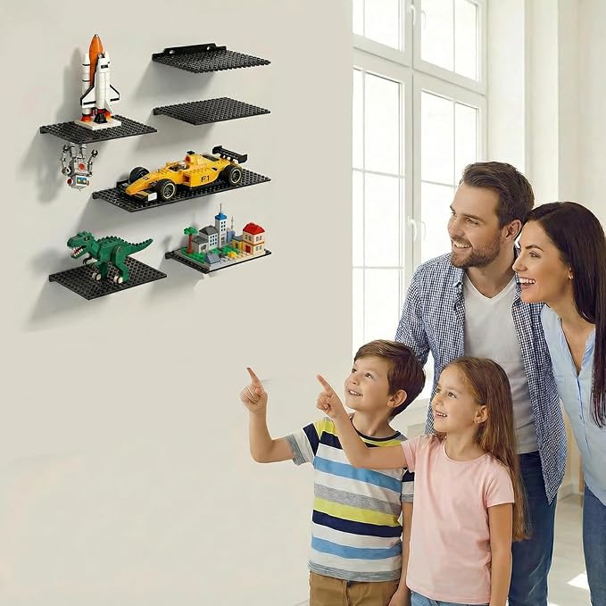 6 Pack Floating Shelves Wall Organizer for Lego Building Bricks,16x13 Studs for Display and Protect Completed Legos Projects, Dual-Sided Display Shelves for Room Decor,Black
