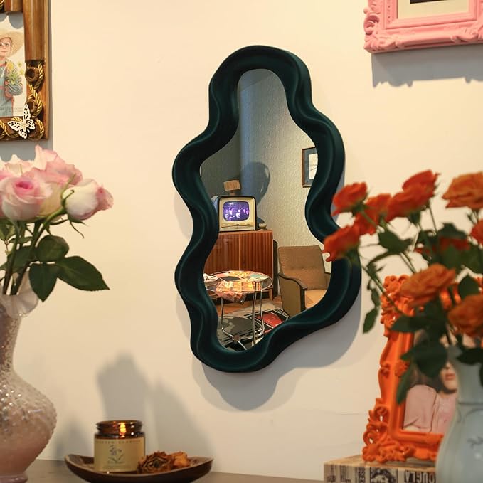 Emerald Green Wavy Wall Mirror Decor for Hallway Entryway, Irregular Cloud-Shaped Small Decorative Mirrors for Home Office Living Room, Modern Hanging Wall Art for Christmas Wedding Gift