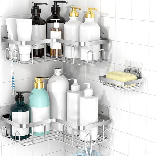 Moforoco Corner Shower Caddy Shelf Organizer Rack, Self Adhesive Black Bathroom Shelves Basket, Home Shower Inside Organization and Storage Decor Rv Accessories, First Apartment Essentials（Silver）