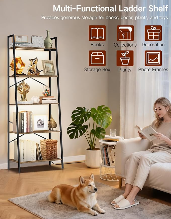 5-Tier Wide Ladder Shelf with LED Lights, Touch & Remote Control, 3 Color Temperatures, Dimmable Tall Corner Standing Bookcase, Metal Wood Display Shelf for Living Room, Bedroom