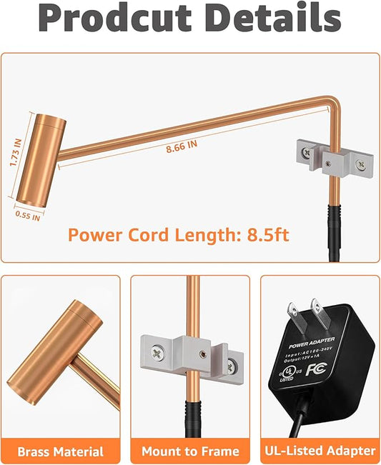 Plug in Picture Light Dimmable Art Lights for Paintings Remote Control 3000K Picture Frame Light with Timer CRI 90 LED Picture Lights for Wall Display Artwork Portrait Gallery, Copper Body