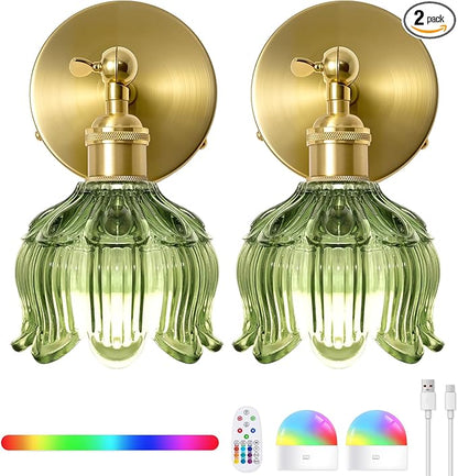 Vintage Battery Operated Wall Sconces - 5000mAh Rechargeable Dimmable Wireless Lights with Remote Control - Set of 2 Green Flower Glass Powered Light Sconce - Cordless Mounted Lighting for Bedroom