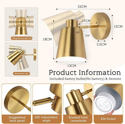 Gold Wireless Battery Operated Wall Sconces, Industrial Cordless Battery Powered Led Wall Lights Set of 2, Vintage Wall Lamp Fixture Indoor with Remote Control for Bedroom, Bathroom, Hallway