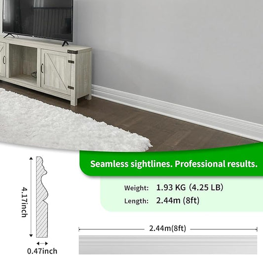 Art3d 8 Pack, 8 ft Each (64 ft Total) MDF Baseboard Wall Molding Trim, Skirting Board Panels, 4.17 in. High, Paintable, Warp-Resistant, Easy Installation for Living Room, Bedroom and Office (White)