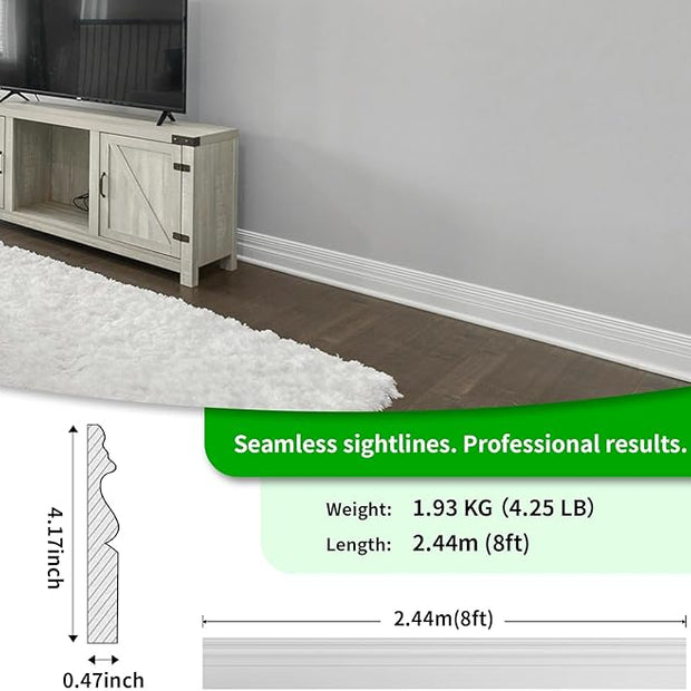 Art3d 8 Pack, 8 ft Each (64 ft Total) MDF Baseboard Wall Molding Trim, Skirting Board Panels, 4.17 in. High, Paintable, Warp-Resistant, Easy Installation for Living Room, Bedroom and Office (White)