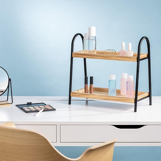 Navaris 2 Tier Countertop Organizer - Bathroom Kitchen Counter Shelf Rack Caddy Tray for Storage - Small Wood Two Tiered Organization Shelves