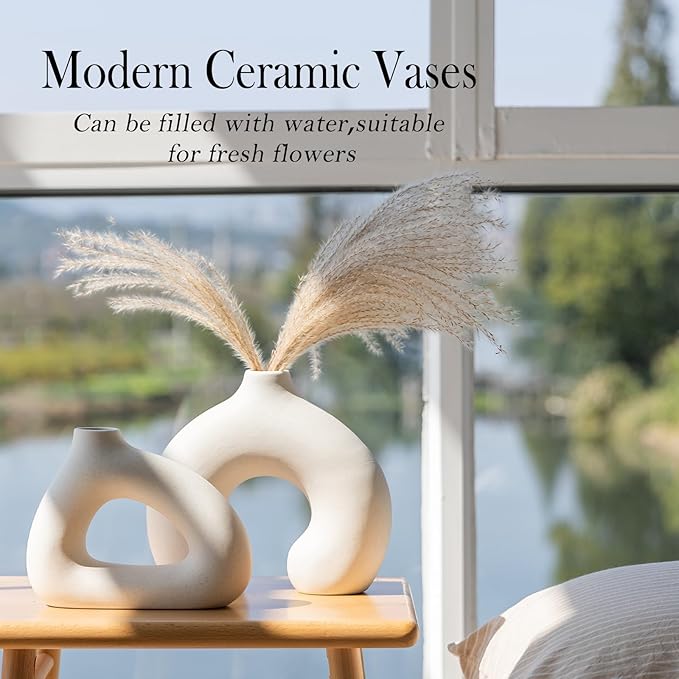 White Ceramic Vase Set of 2 for Modern Home Decor, Round Matte Donut Vases for Pampas Grass, Boho Nordic Minimalism Style Modern Flower Vases for Living Room Table Bookshelf Office Bedroom