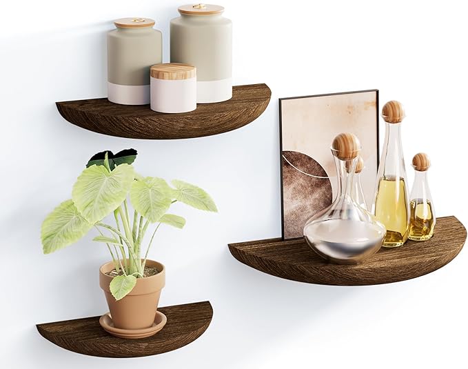Solid Wood Half Round Floating Wall Shelves | Elegant Floating Shelves, Elevate Your Space. Perfect for Living Rooms, Bathrooms, Bedrooms, Offices, Children's Rooms Brown