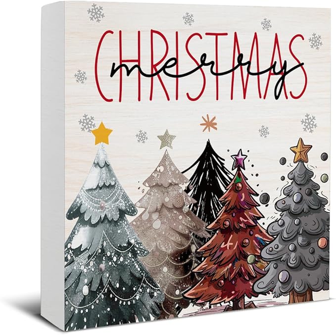 Farmhouse Christmas Decor - Merry Rustic Wooden Sign, Star Christmas Tree Decor - 5 x 5 Inches