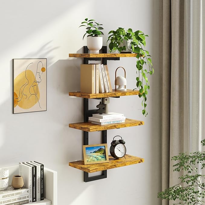 Floating Shelves, Set of 2 Wall Shelves, 2-Tier Wall Mounted Storage Shelves, Adjustable Floor Height, Hanging Bathroom Shelves, for Living Room, Bedroom, Bathroom, Kitchen, Rustic Brown and Black