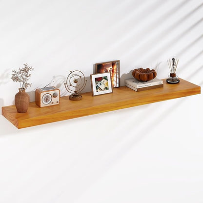 Fun Memories Floating Shelves, 9.3 Inch Deep Solid Pine Wood Wall Shelves for Storage, Rustic Wall Mounted Display Shelf with Invisible Heavy-Duty Metal Bracket, 55 Inch Width, Honey Oak