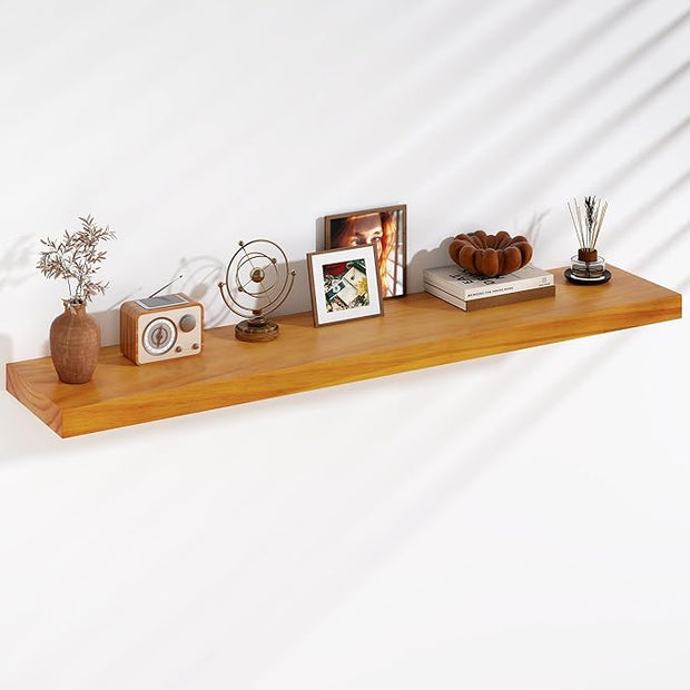 Fun Memories Floating Shelves, 9.3 Inch Deep Solid Pine Wood Wall Shelves for Storage, Rustic Wall Mounted Display Shelf with Invisible Heavy-Duty Metal Bracket, 55 Inch Width, Honey Oak